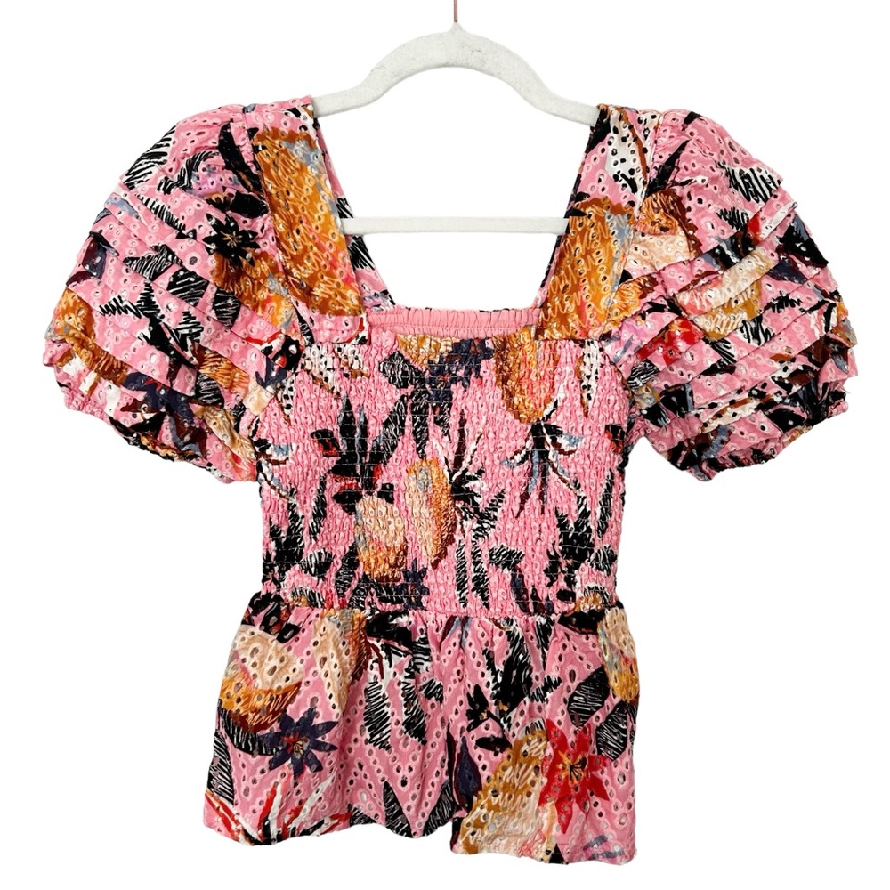 Farm Rio Sz XS Pink Pineapple Smocked Eyelet Top Puff Sleeves